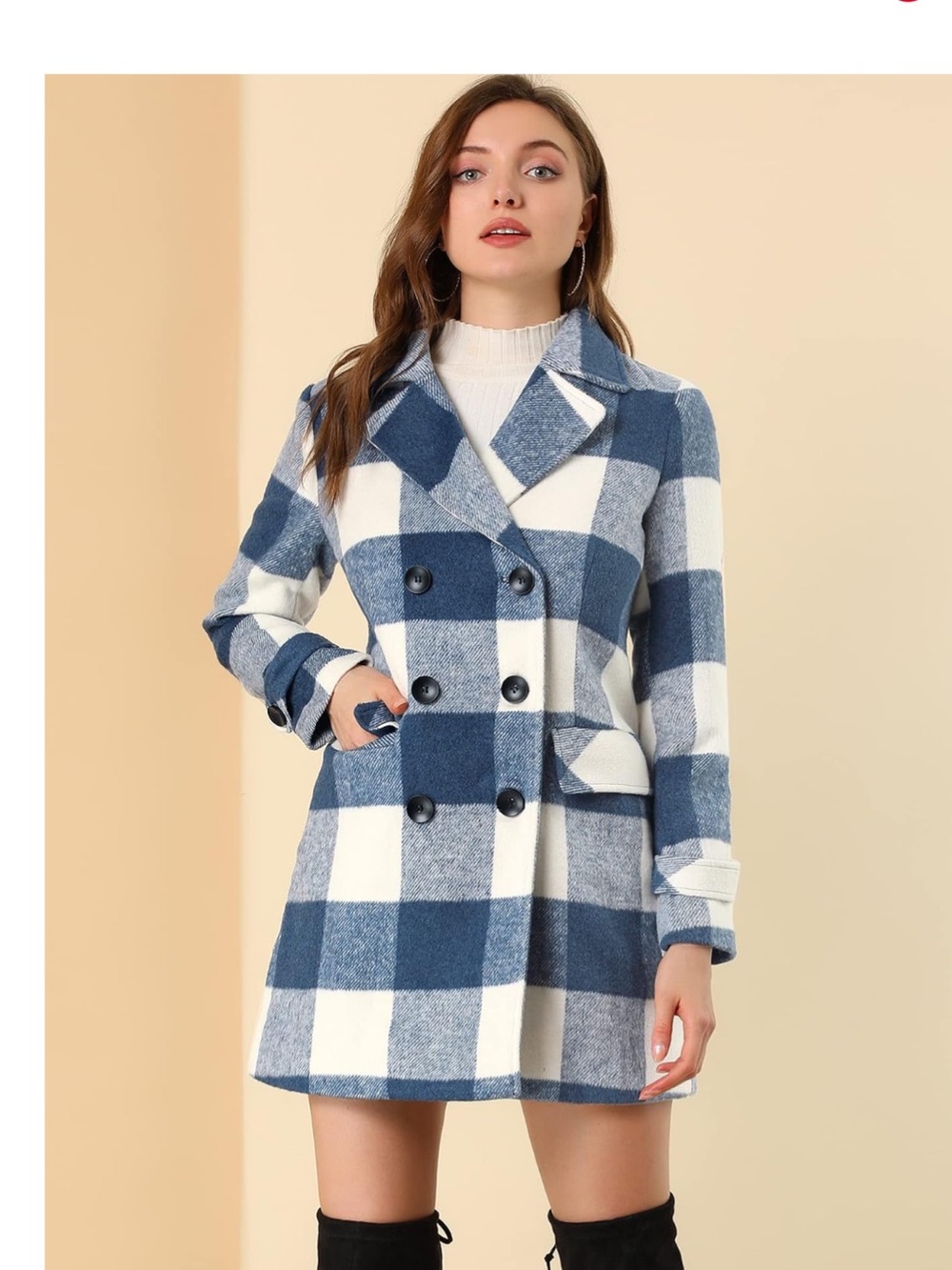 Double-Breasted Blue & White Buffalo Plaid Coat